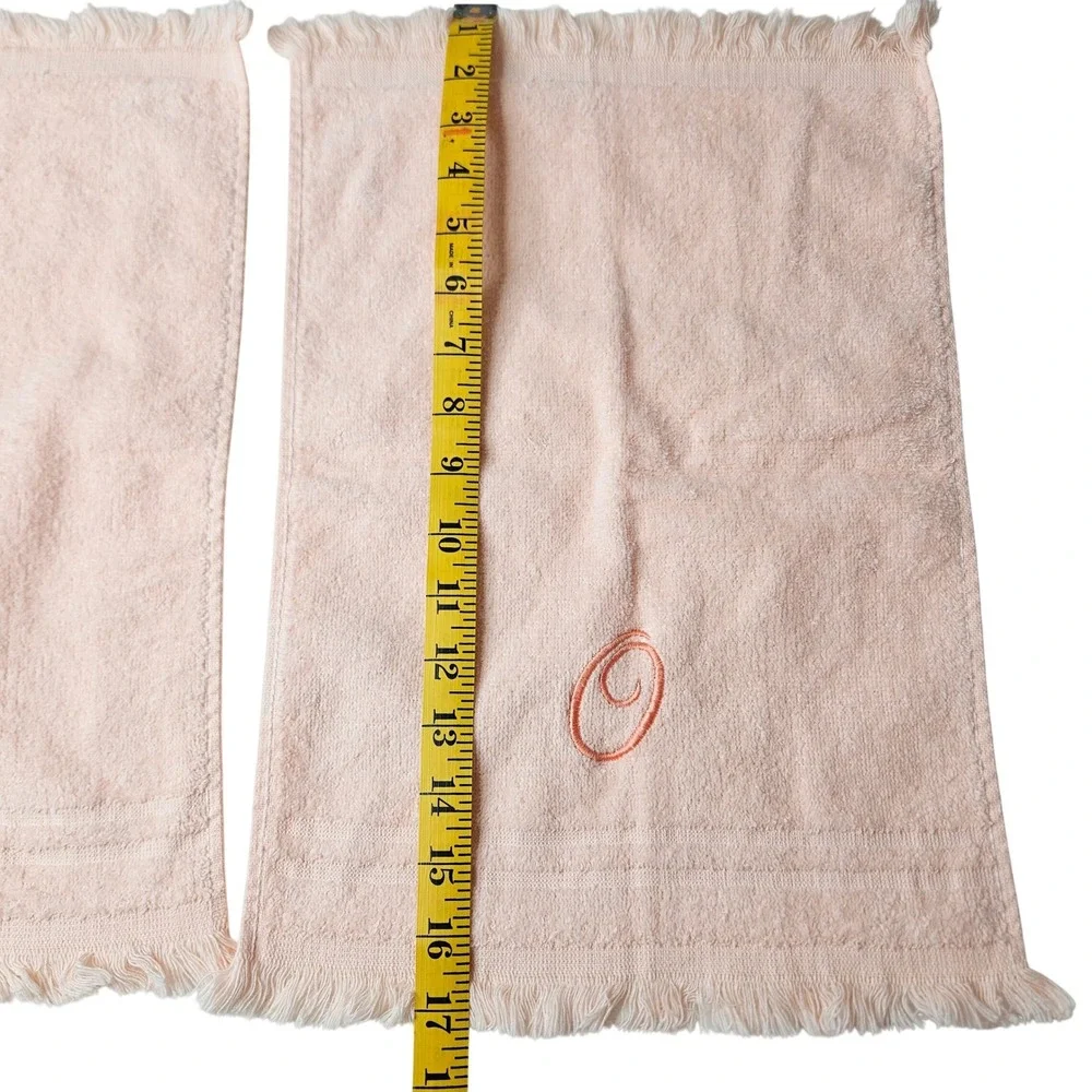 Vtg Cannon Peach Pink Cotton‎ Monogram Letter O Fringe Fingertip Towels Set of 2